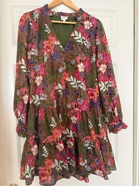 J Marie V-Neck Tiered Mini Dress - Olive multi- large